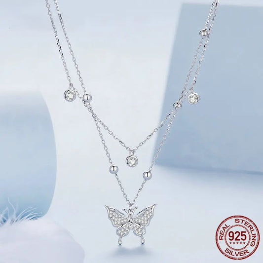 Diamond 925 Sterling Silver Double-layer Tassel Butterfly Pendant Necklace for Women Engagement Gift Fine Jewelry BSN308