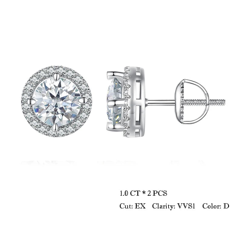 Diamond U 0.5/1CT Moissanite Halo Earrings 925 Sterling Silver 4 Prongs Ear Stud Round Cut for Women Engagement Gift Fine Jewelry