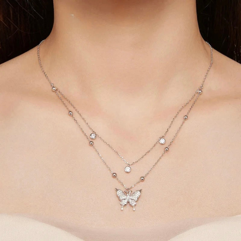 Diamond 925 Sterling Silver Double-layer Tassel Butterfly Pendant Necklace for Women Engagement Gift Fine Jewelry BSN308