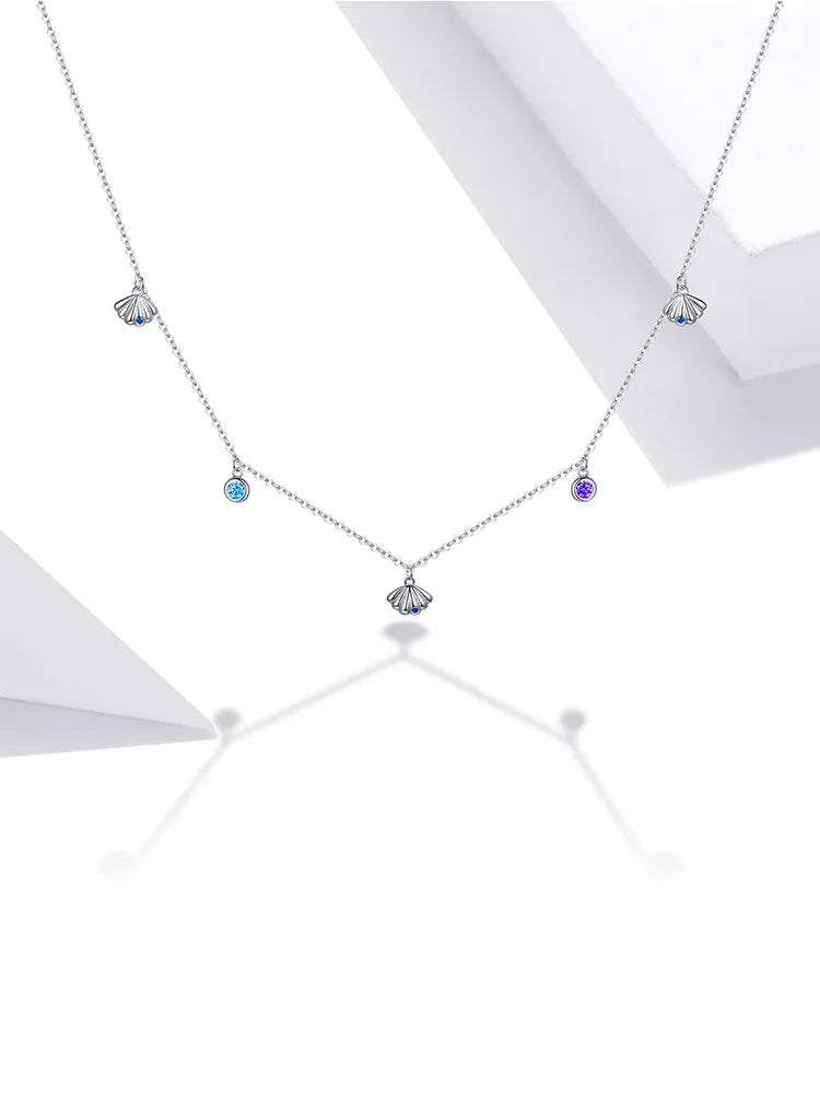 Diamond Authentic Silver Seashell Necklace 925 Sterling Silver Blue CZ Love Necklace Gift for Girl Statement Fine jewelry SCN454