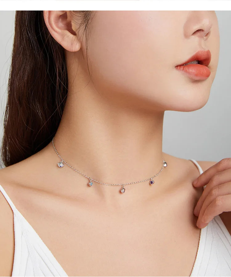 Diamond Authentic Silver Seashell Necklace 925 Sterling Silver Blue CZ Love Necklace Gift for Girl Statement Fine jewelry SCN454
