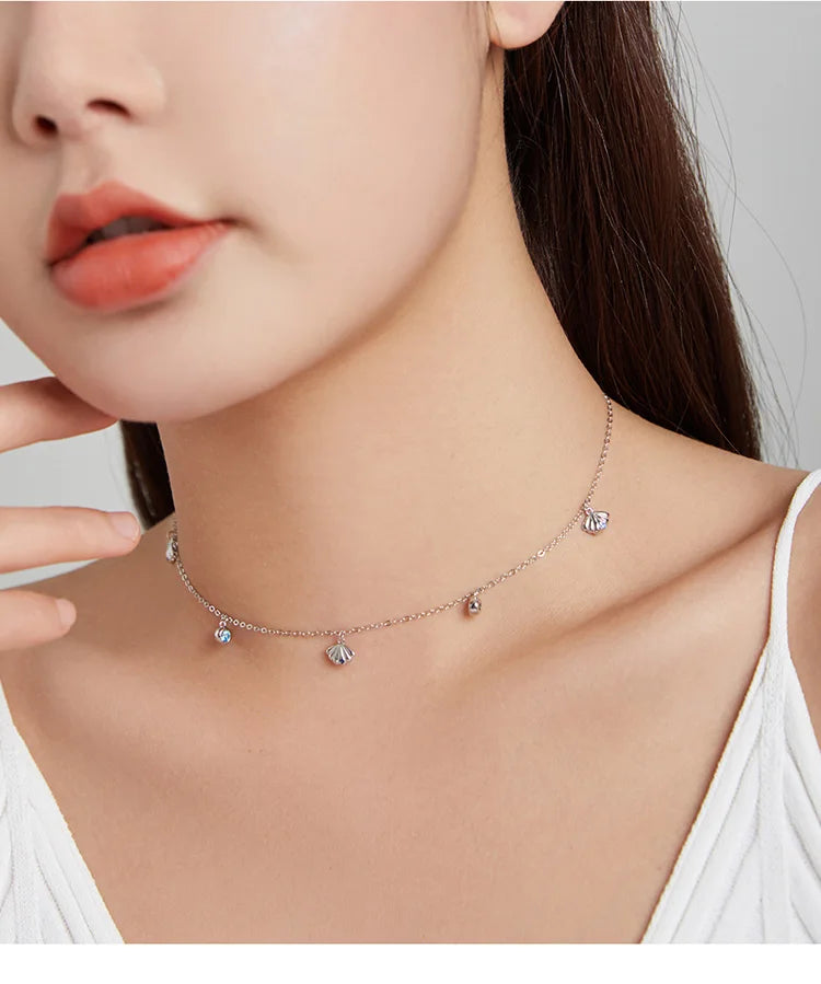Diamond Authentic Silver Seashell Necklace 925 Sterling Silver Blue CZ Love Necklace Gift for Girl Statement Fine jewelry SCN454