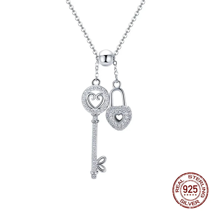 Diamond Romantic 925 Sterling Silver Key of Heart Lock Chain Pendant Necklaces for Women Sterling Silver Jewelry Collar SCN290