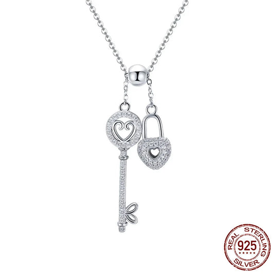 Diamond Romantic 925 Sterling Silver Key of Heart Lock Chain Pendant Necklaces for Women Sterling Silver Jewelry Collar SCN290
