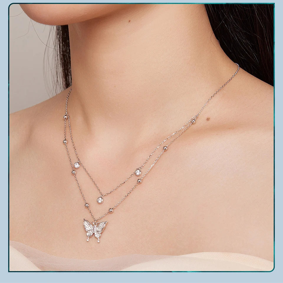 Diamond 925 Sterling Silver Double-layer Tassel Butterfly Pendant Necklace for Women Engagement Gift Fine Jewelry BSN308