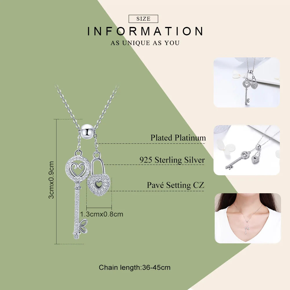 Diamond Romantic 925 Sterling Silver Key of Heart Lock Chain Pendant Necklaces for Women Sterling Silver Jewelry Collar SCN290