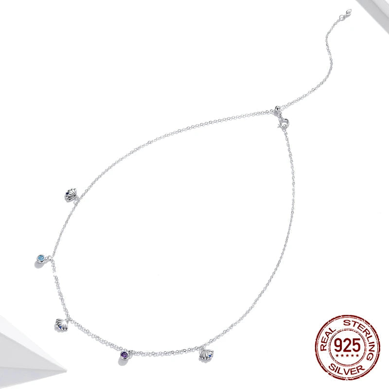 Diamond Authentic Silver Seashell Necklace 925 Sterling Silver Blue CZ Love Necklace Gift for Girl Statement Fine jewelry SCN454