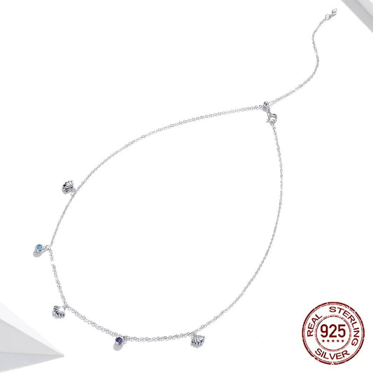 Diamond Authentic Silver Seashell Necklace 925 Sterling Silver Blue CZ Love Necklace Gift for Girl Statement Fine jewelry SCN454