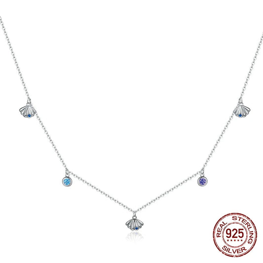 Diamond Authentic Silver Seashell Necklace 925 Sterling Silver Blue CZ Love Necklace Gift for Girl Statement Fine jewelry SCN454