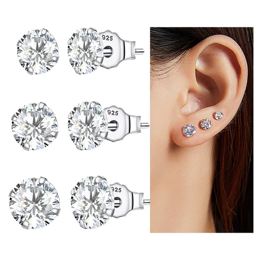 Diamond Pairs Stud Earrings Set 925 Sterling Silver Stone CZ Minimalist Dazzling Fashion Earrings 4mm 5mm 6mm Diameter BSE166