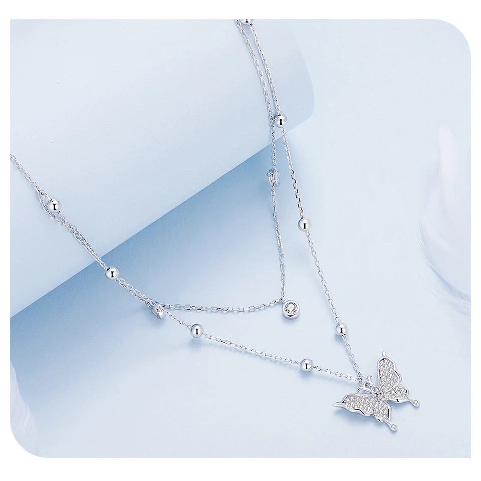 Diamond 925 Sterling Silver Double-layer Tassel Butterfly Pendant Necklace for Women Engagement Gift Fine Jewelry BSN308