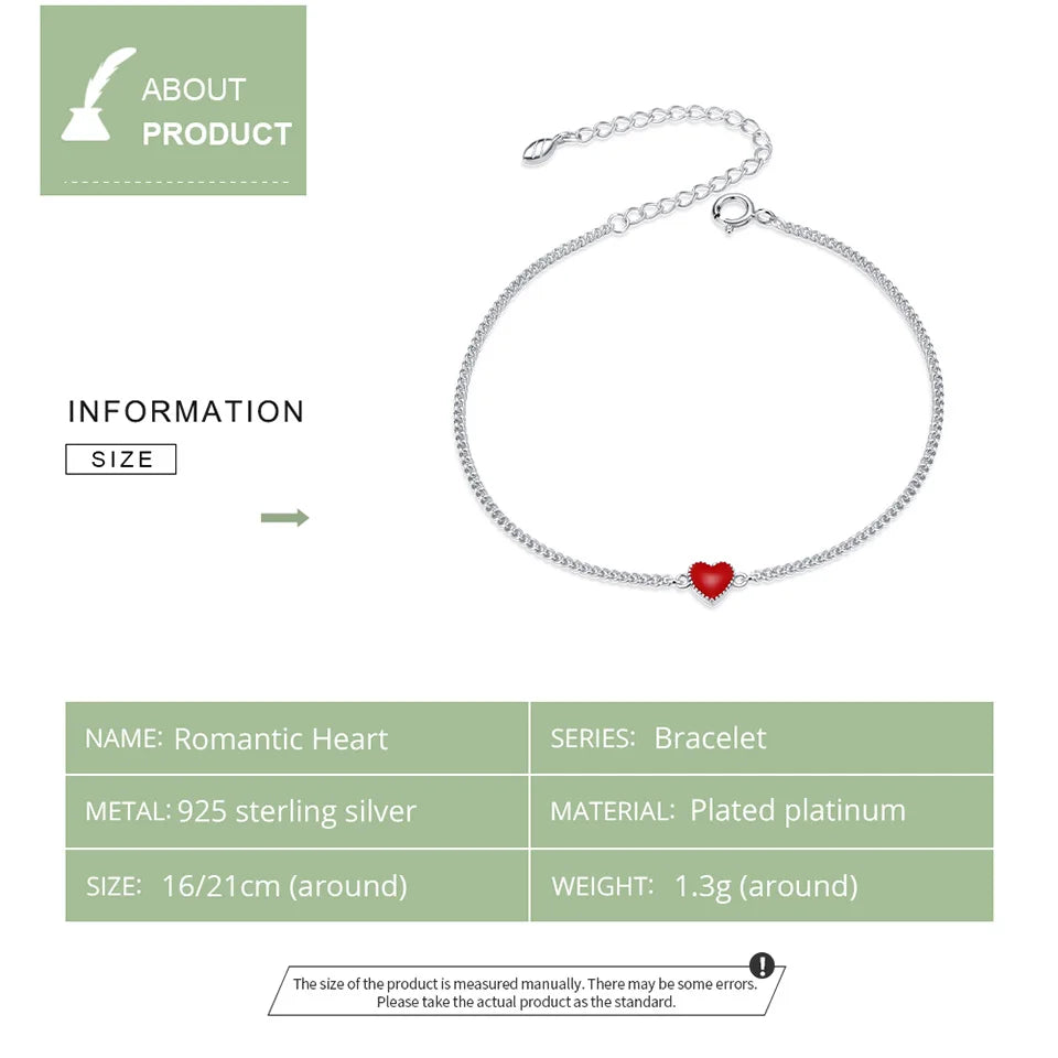 Diamond Authentic 925 Sterling Silver Simple Minimalist Red Heart Chain Bracelet for Women Enamel Statement Fine Jewelry SCB182