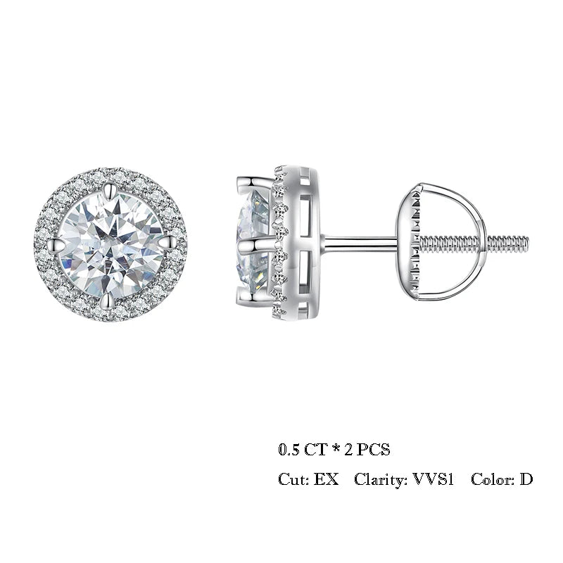 Diamond U 0.5/1CT Moissanite Halo Earrings 925 Sterling Silver 4 Prongs Ear Stud Round Cut for Women Engagement Gift Fine Jewelry