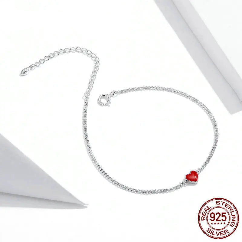 Diamond Authentic 925 Sterling Silver Simple Minimalist Red Heart Chain Bracelet for Women Enamel Statement Fine Jewelry SCB182