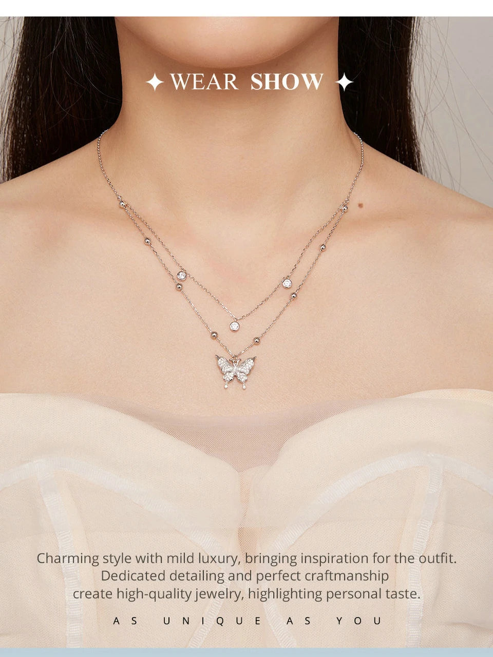 Diamond 925 Sterling Silver Double-layer Tassel Butterfly Pendant Necklace for Women Engagement Gift Fine Jewelry BSN308