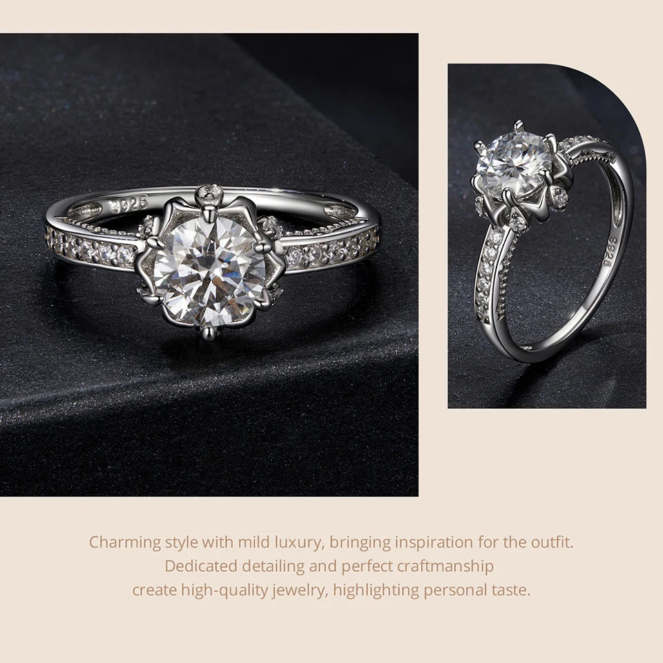 Diamond Color VVS1 EX Moissanite Flower Ring 1ct Round Moissanite Diamond Solitaire Engagement 925 Sterling Silver Rings For Wo