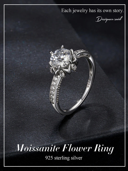 Diamond Color VVS1 EX Moissanite Flower Ring 1ct Round Moissanite Diamond Solitaire Engagement 925 Sterling Silver Rings For Wo