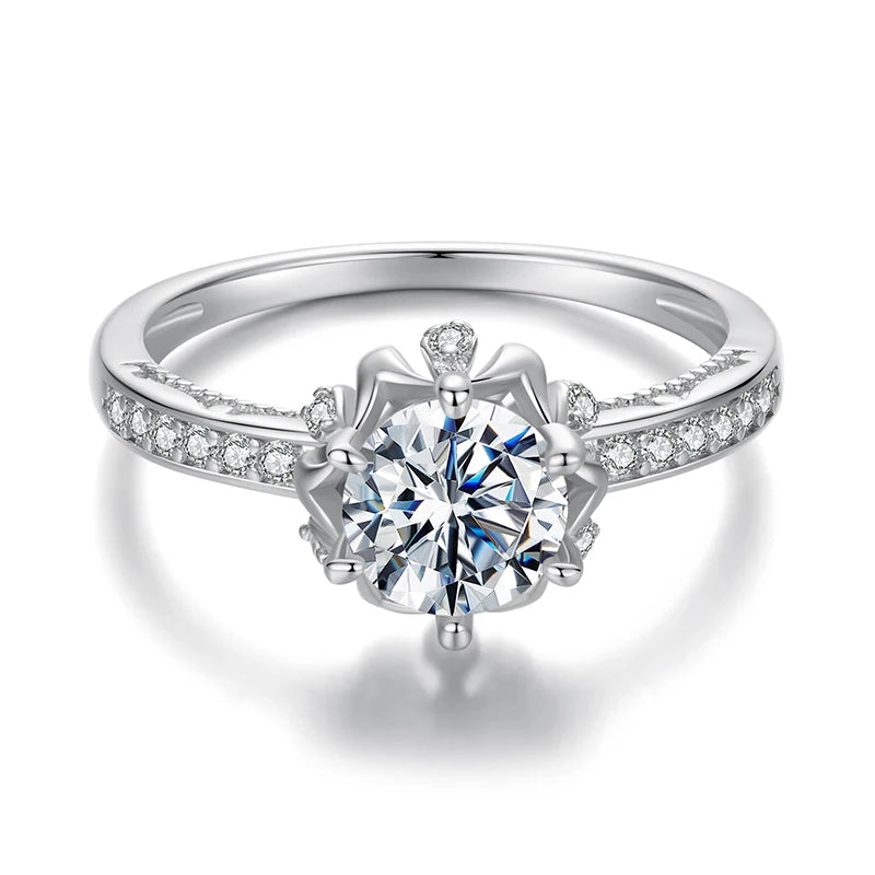 Diamond Color VVS1 EX Moissanite Flower Ring 1ct Round Moissanite Diamond Solitaire Engagement 925 Sterling Silver Rings For Wo