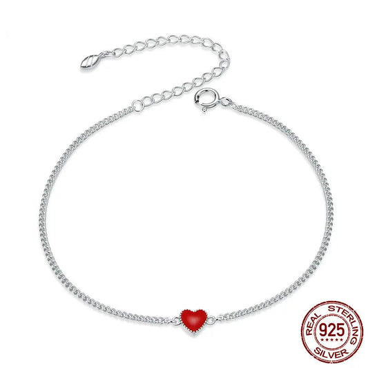 Diamond Authentic 925 Sterling Silver Simple Minimalist Red Heart Chain Bracelet for Women Enamel Statement Fine Jewelry SCB182