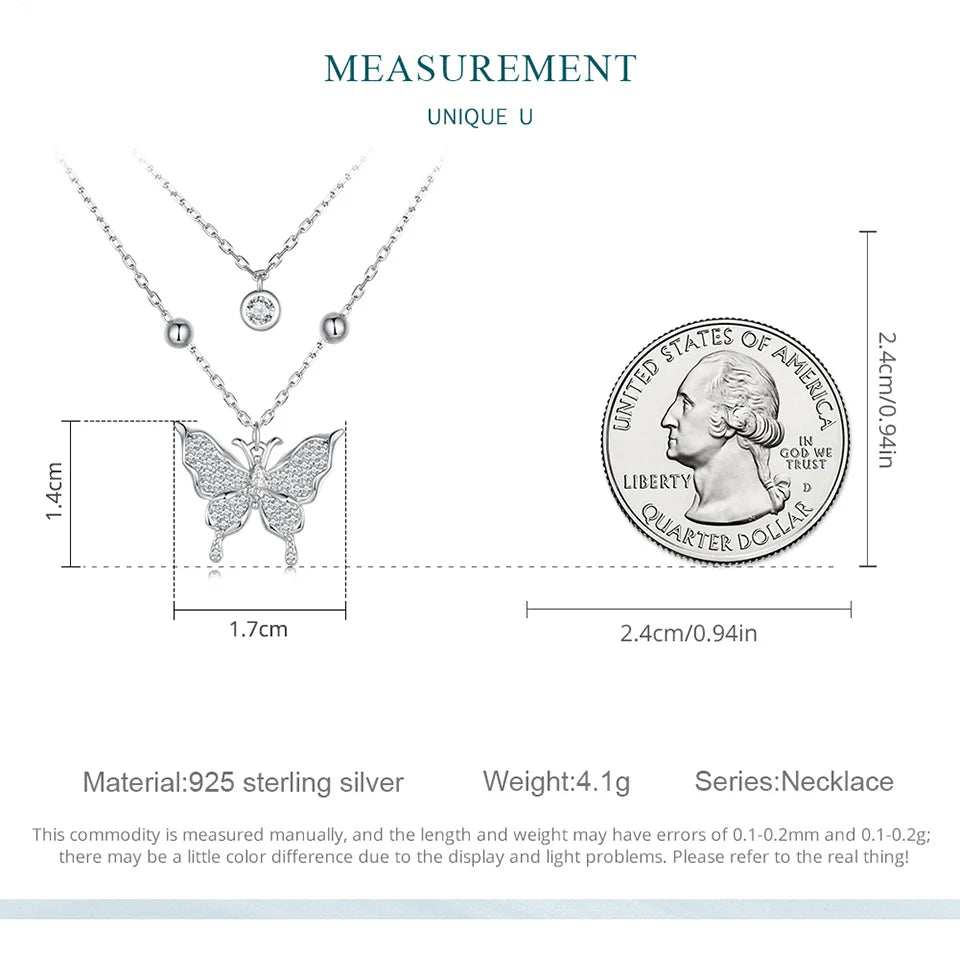 Diamond 925 Sterling Silver Double-layer Tassel Butterfly Pendant Necklace for Women Engagement Gift Fine Jewelry BSN308