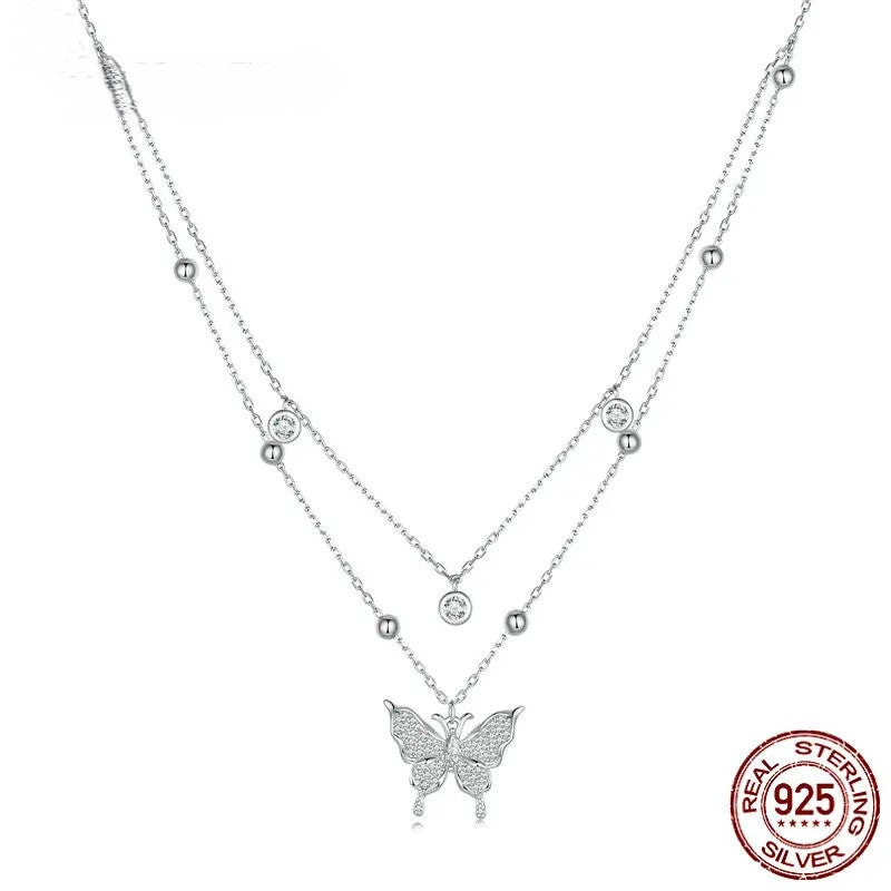 Diamond 925 Sterling Silver Double-layer Tassel Butterfly Pendant Necklace for Women Engagement Gift Fine Jewelry BSN308