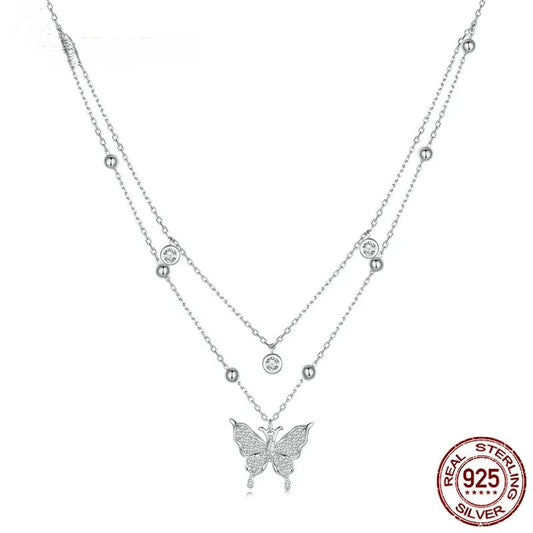 Diamond 925 Sterling Silver Double-layer Tassel Butterfly Pendant Necklace for Women Engagement Gift Fine Jewelry BSN308