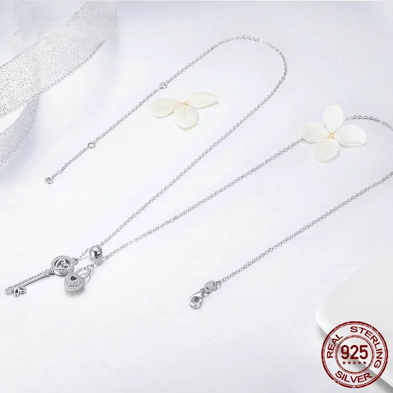 Diamond Romantic 925 Sterling Silver Key of Heart Lock Chain Pendant Necklaces for Women Sterling Silver Jewelry Collar SCN290
